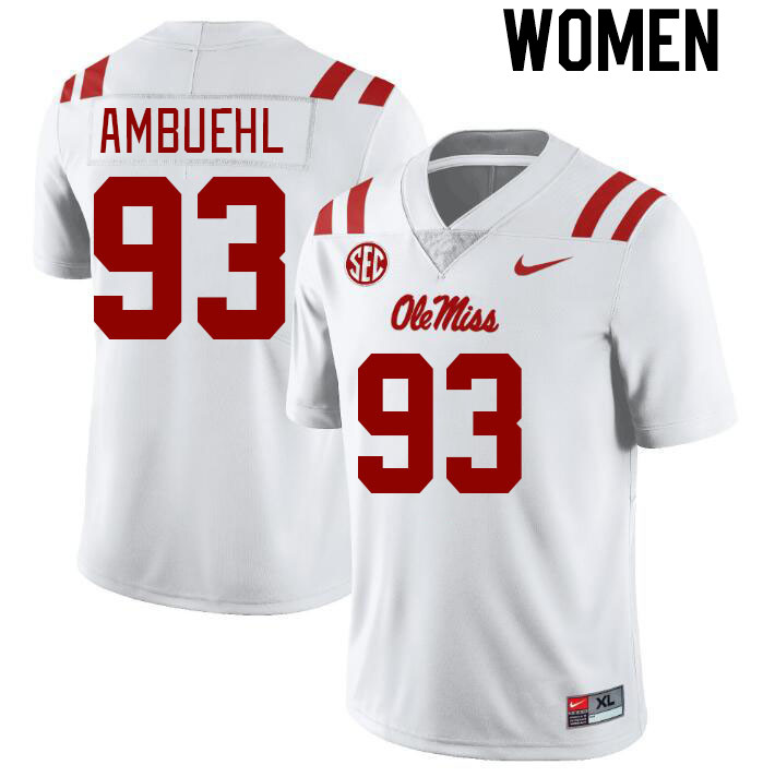 Women #93 Davis Ambuehl Ole Miss Rebels College Football Jerseyes Stitched Sale-White